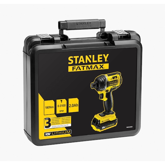 Stanley FMC645D2 case front view, black and yellow, showing Fatmax 18V lithium impact driver graphics.