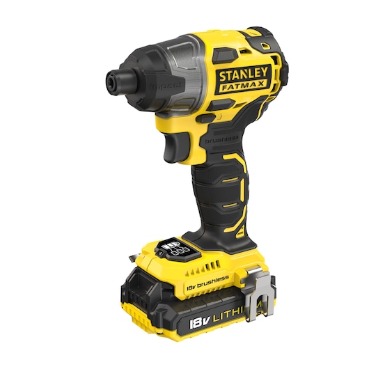 STANLEY FMC647D2 cordless impact driver, yellow and black, 18V lithium, side angle on white background.