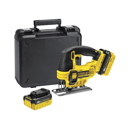 Stanley Fatmax cordless jigsaw with two 18V lithium batteries and a black carrying case.