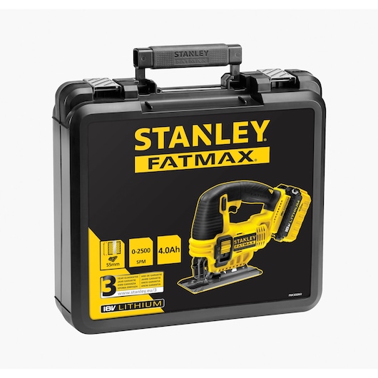 STANLEY FMC650M2 photography of black and yellow jigsaw case, front angle, FATMAX branding and specifications visible.