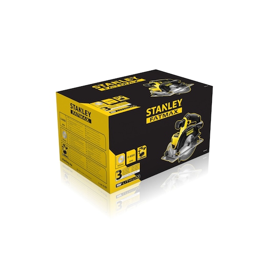 STANLEY FMC660B FATMAX circular saw box, black and yellow packaging, product image and key features visible.