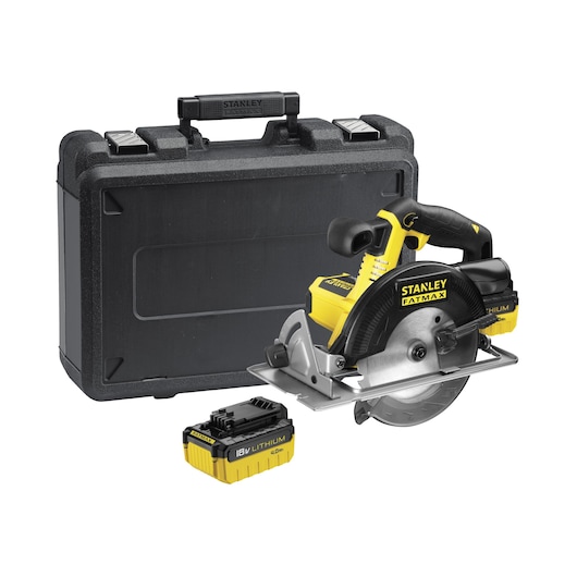 STANLEY FMC660M2 circular saw kit with yellow and black cordless saw, 18V battery, and hard carrying case, front angle.
