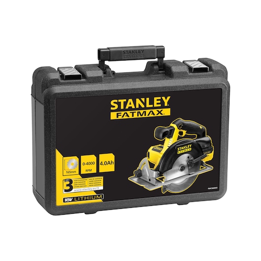 STANLEY FMC660M2 cordless circular saw kit case, black and yellow, front angle on white background.