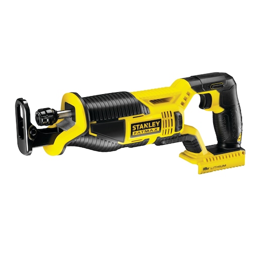 STANLEY FMC675B cordless reciprocating saw, yellow and black, side angle on white background.