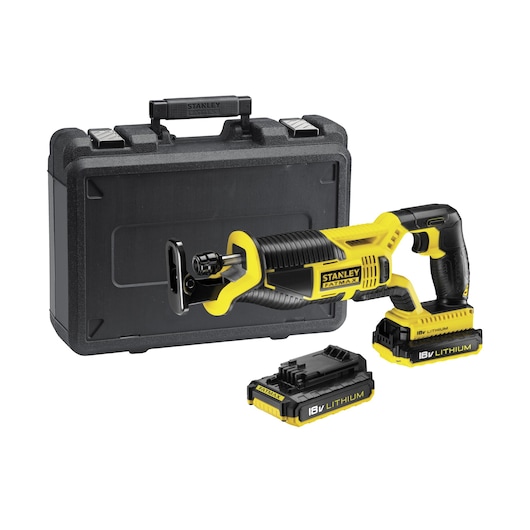 Photo of STANLEY FMC675D2 cordless reciprocating saw with two 18V lithium batteries and black carrying case, front angle.
