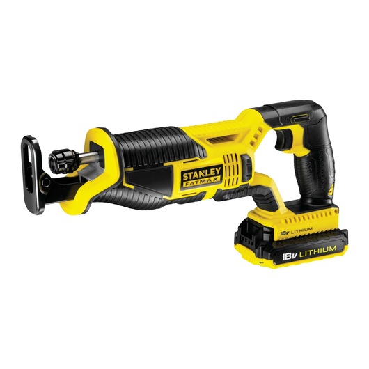 STANLEY FMC675D2 cordless reciprocating saw, yellow and black, side angle on white background.