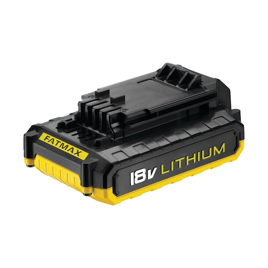STANLEY FMC687L FATMAX 18V lithium battery, black and yellow, angled front view on white background.