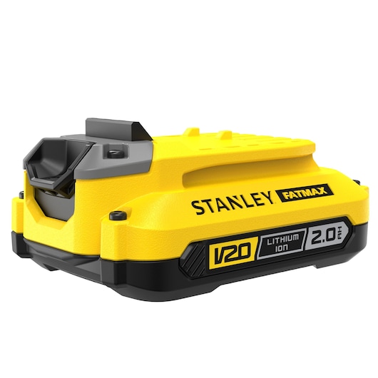 Photo of STANLEY FMC687L V20 Lithium-Ion 2.0Ah battery, yellow and black, angled on white background.