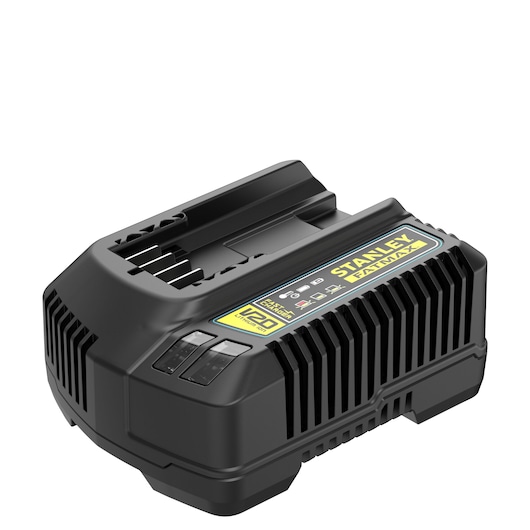 Photo of STANLEY FMC692L V20 battery charger, black, angled view on white background.