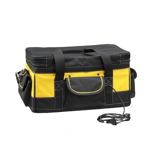 STANLEY FMCB100B tool bag photography, black and yellow fabric with handles and external power cord, front angle.