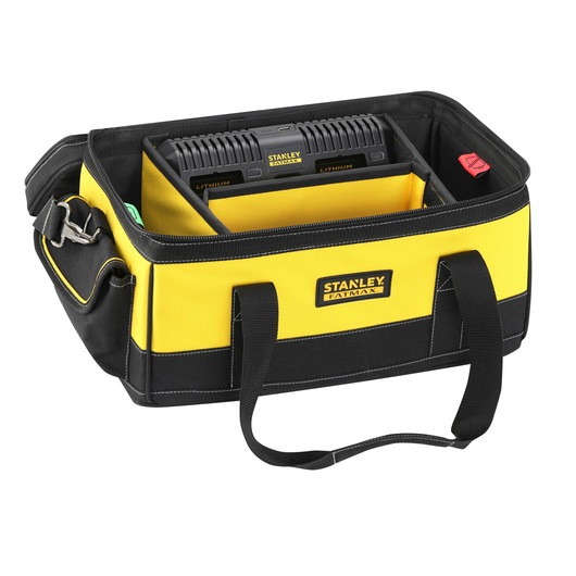 STANLEY FMCB100B yellow and black tool bag with lithium battery charger, front angle on white background.