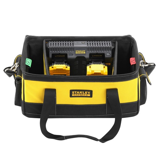 Stanley Fatmax bag with battery charger and batteries inside, yellow and black, for photography equipment storage.
