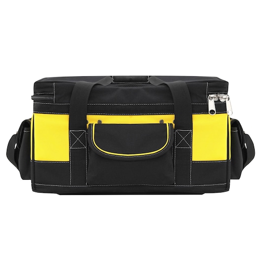 STANLEY FMCB100B tool bag, black and yellow fabric, front view, zippered top and front pocket with reinforced handles.