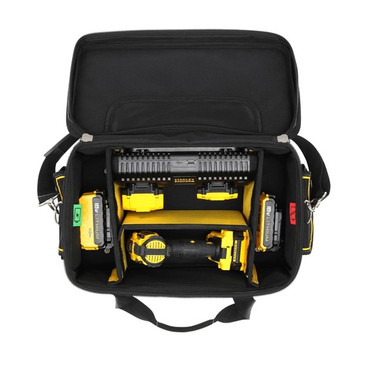 Stanley tool bag open, showing organized yellow and black power tools and accessories inside.