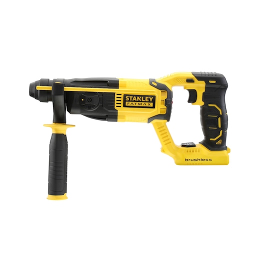 STANLEY FMCD900B rotary hammer drill, yellow and black, side view, with auxiliary handle on white background.