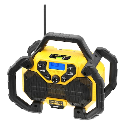 Photo of STANLEY FMCR001B rugged yellow jobsite radio with digital display and protective black frame, front angle.