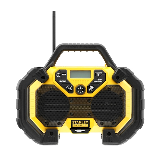 STANLEY FMCR001B rugged yellow and black jobsite radio, front angle, with handle and antenna.