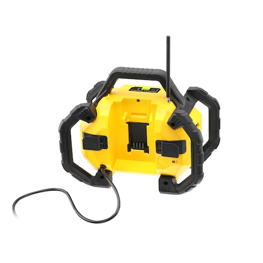 Photo of STANLEY FMCR001B jobsite radio with yellow body, black handles, antenna, and visible cord, rear angle.