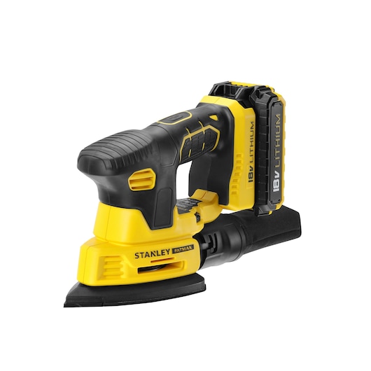 STANLEY FMCW210D1 cordless sander, yellow and black, side view on white background, power tool.