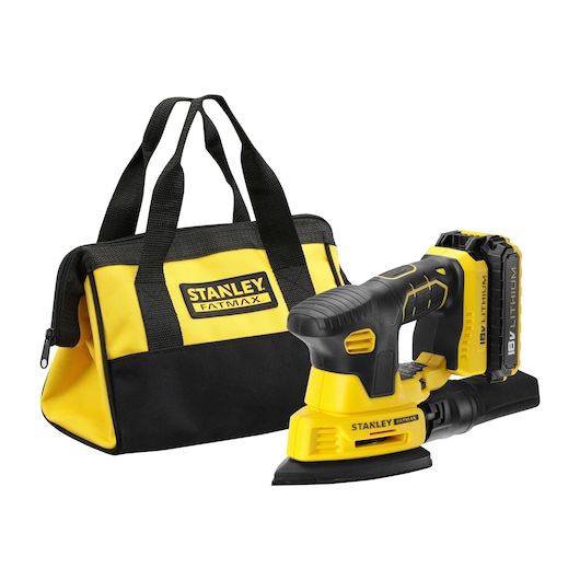 STANLEY FMCW210D1 cordless detail sander with 18V lithium battery and yellow-black carry bag, front angle.