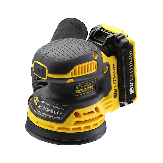 Photo of STANLEY FMCW220D1 cordless random orbital sander with yellow and black design, 18V lithium battery, side angle.
