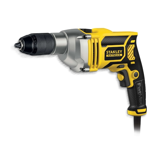 STANLEY FME140K corded electric drill, black and yellow, side view on white background.