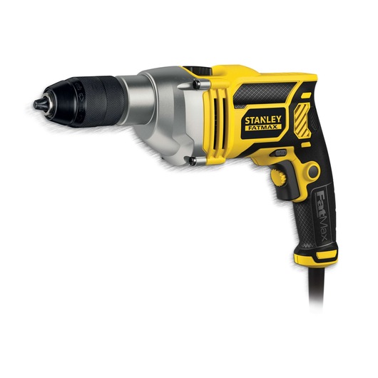 STANLEY FME140K corded electric drill, black and yellow, side view on white background.