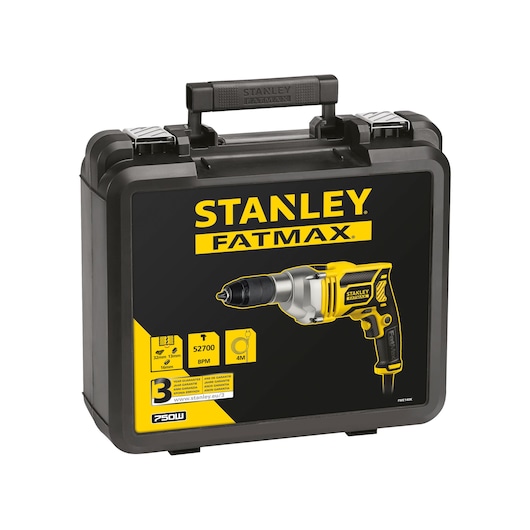 STANLEY FME140K drill kit case, black and yellow, product packaging photo, front angle.