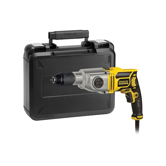 STANLEY FME142K corded hammer drill photographed with black carrying case, front angle.