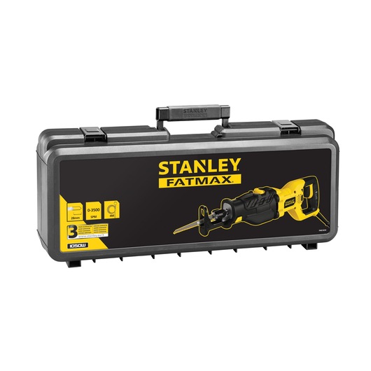Stanley FME365K photography of black and yellow Fatmax reciprocating saw case, front angle on white background.