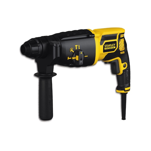 STANLEY FME500K corded rotary hammer drill with side handle, black and yellow, left side view on white background.