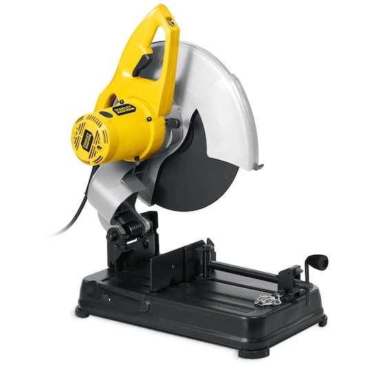 Photo of STANLEY FME700 metal cut-off saw with yellow motor housing, side angle on white background.