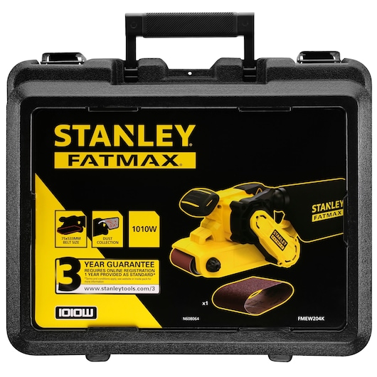 STANLEY FMEW204K-QS belt sander kit case front view with yellow sander and sanding belt illustrated.