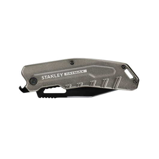 STANLEY FMHT0-10312 folding utility knife, gray metal, side view on white background.
