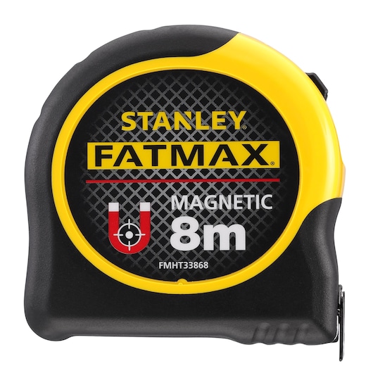 STANLEY FMHT0-33868 magnetic tape measure, 8m length, black and yellow, front angle, FATMAX branding.