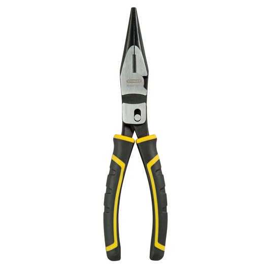 Stanley long nose pliers with black and yellow handles, shown upright on white background.