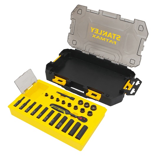 Stanley Fatmax socket set with ratchet and attachments in a yellow and black case, open to display its contents.