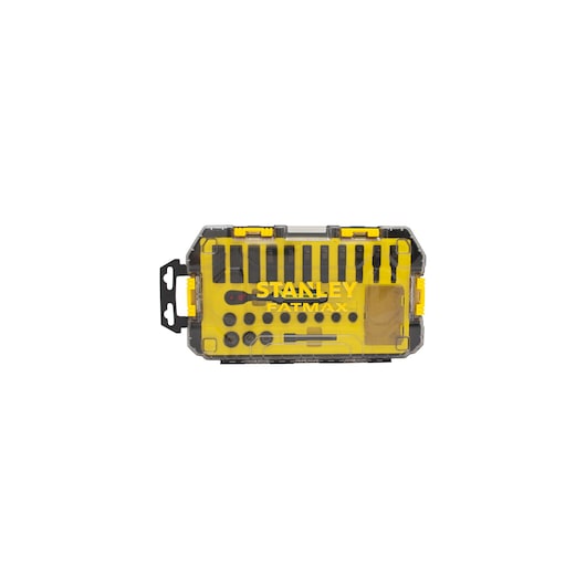STANLEY FMHT0-74713 screwdriver bit set with yellow and black case, product shown from front angle.
