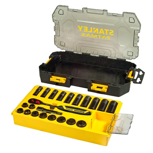 Stanley Fatmax socket and ratchet set in yellow case with clear lid, includes multiple sockets and a ratchet.