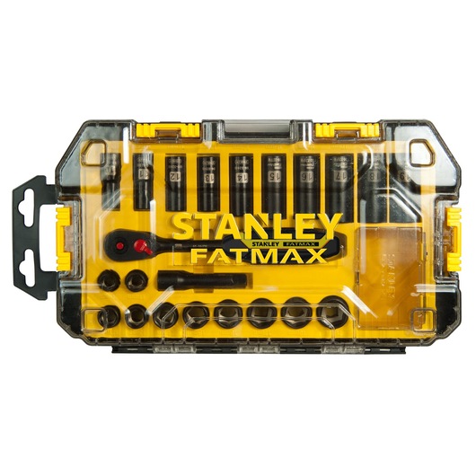 Stanley FatMax socket set in a yellow and clear plastic case, showing ratchet and sockets arranged neatly.