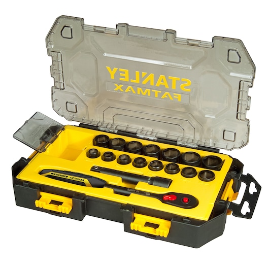 STANLEY FMHT0-74716 socket and ratchet set in black and yellow case, photography of set with open transparent lid.