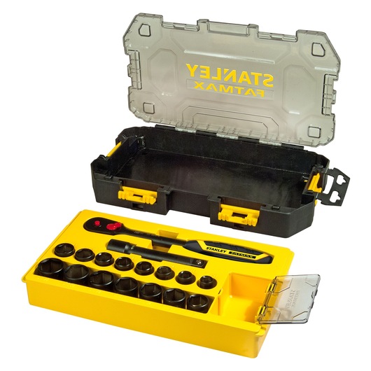 Stanley tool set with ratchet and sockets in a yellow and black plastic case, lid open.
