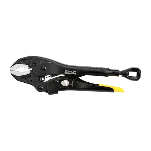 Stanley black locking pliers with curved jaw and yellow handle tip, used for gripping and turning objects.