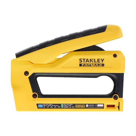 STANLEY FMHT0-80551 yellow and black heavy-duty stapler, side view on white background.