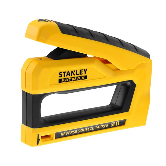 STANLEY FMHT0-80551 FATMAX reverse squeeze tacker, yellow and black, side angle, photography product.