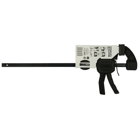 STANLEY FMHT0-83233 bar clamp, black and silver, side view on white background.