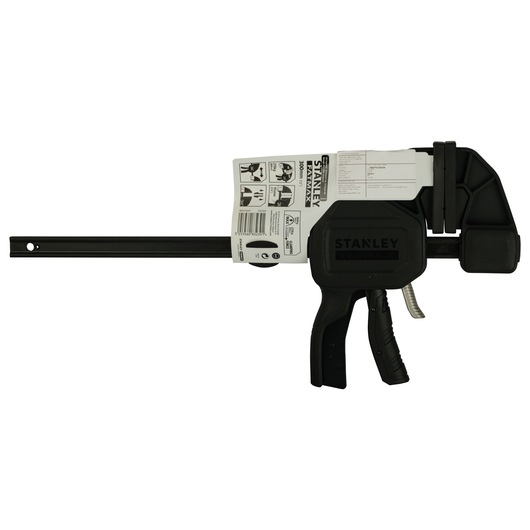 Photo of STANLEY FMHT0-83239 heavy duty trigger clamp with black handle, side angle on white background.