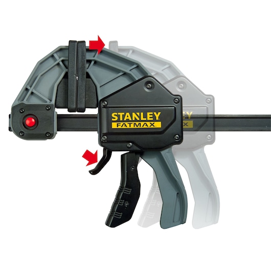 STANLEY FMHT0-83240 trigger clamp with black and gray body, yellow logo, red button, side view on white background.