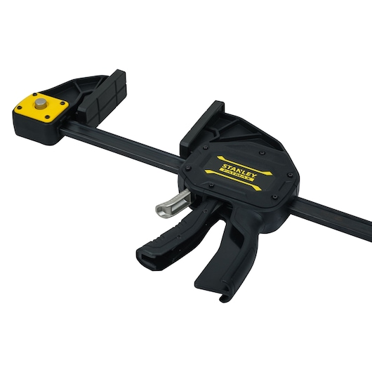 STANLEY FMHT0-83242 photography of black and yellow trigger clamp, front angle on white background
