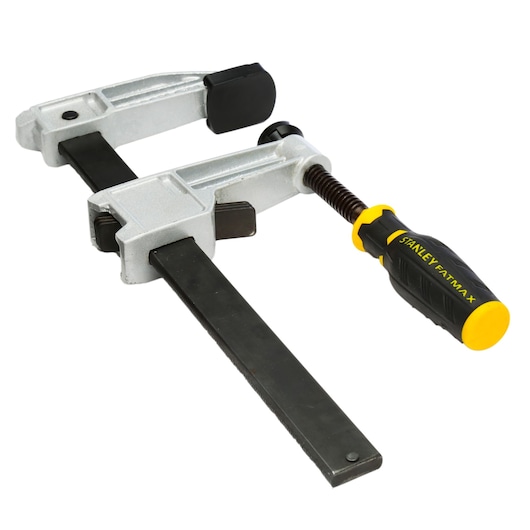 STANLEY FMHT0-83245 bar clamp with black and yellow handle, angled on white background.